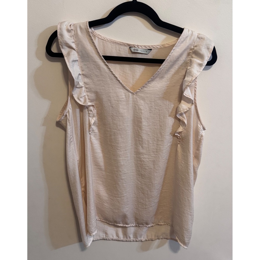 TARYM Pale Pink Textured Blouse Ruffle Sleeve VNeck Romantic Feminine Layering M